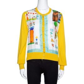 Dolce Gabbana Yellow Printed Silk Cashmere Knit Cardigan M Dolce Gabbana The Luxury Closet at The Luxury Closet
