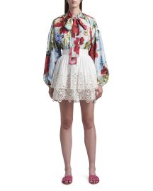 DolceGabbana Floral-Print Tie-Neck Habotai Silk Blouse at Neiman Marcus