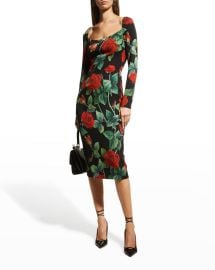 DolceGabbana Rose-Print Midi Sheath Dress at Neiman Marcus