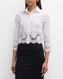 DolceampGabbana Cropped Button-Front Blouse with Lace Trim at Neiman Marcus