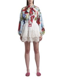 DolceampGabbana Floral-Print Tie-Neck Habotai Silk Blouse at Neiman Marcus