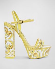 DolceampGabbana Formal Tile-Print Leather Platform Sandals at Neiman Marcus