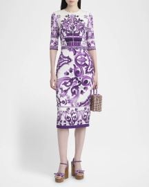 DolceampGabbana Majolica Charmeuse 34-Sleeve Midi Dress at Neiman Marcus