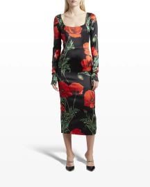 DolceampGabbana Poppy Long-Sleeve Silk Midi Dress at Neiman Marcus