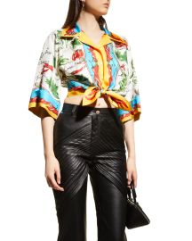 DolceampGabbana Scarf-Print Knotted-Hem Crop Silk Shirt at Neiman Marcus