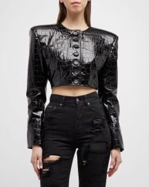 DolceampGabbana Strong-Shoulder Croc Embossed Shiny Vegan Leather Crop Jacket at Neiman Marcus