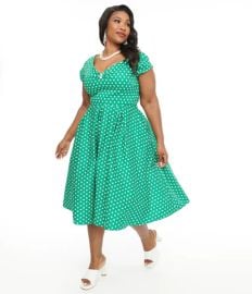 Dolly amp Dotty 1950s Green amp White Polka Dot Off The Shoulder Lily Swin Unique Vintage at Unique Vintage