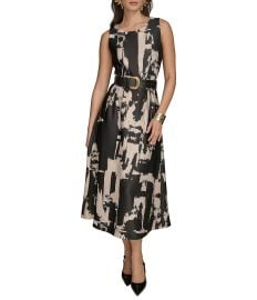Donna Karan Abstract Print Crew Neck Sleeveless Belted Scuba A-Line Midi Dress Dillardx27s at Dillards