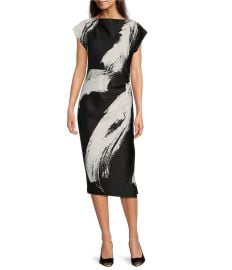 Donna Karan Boat Neck Short Sleeve Ruched Waist Scuba Midi Dress at Dillards