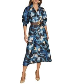 Donna Karan Collared Puff Elbow Sleeve Belted Dupioni A-Line Midi Dress Dillardx27s at Dillards