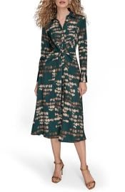 Donna Karan New York Abstract Long Sleeve Tie Front Stretch Satin Shirtdress in Hudson/Gol at Nordstrom Rack at Nordstrom Rack