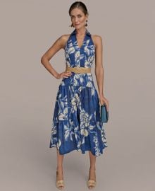 Donna Karan New York Womens Halter Belted Floral Print Midi Dress - Macys at Macys