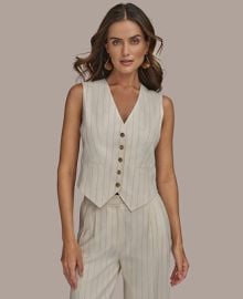 Donna Karan New York Womens Linen-Blend Pinstripe Vest Regular Petite - Macys at Macys