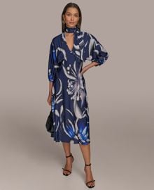 Donna Karan New York Womens Tie-Neck A-Line Midi Dress - Macys at Macys