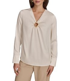 Donna Karan Satin Gold Hardware Keyhole V-Neck Long Sleeve Top Dillardx27s at Dillards