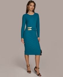 Donna Karan Women\'s Long Sleeve Embellished-Waist Midi Dress at Macys