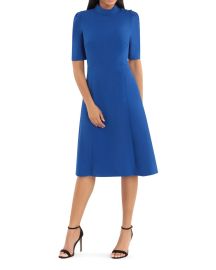 Donna Morgan Mock Neck Button Shoulder Fit Flare Dress In Blue Sapphire at Nordstrom Rack