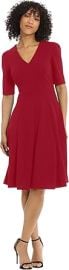 Donna Morgan Womenx27s Stretch Crepe Elbow Sleeve V-Neck Fit and Flare Midi Dress at Womens Clothing store at Amazon