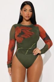 Doreen Floral Long Sleeve Mesh Bodysuit - Greencombo Fashion Nova at Fashion Nova