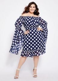 Dot Off-The-Shoulder Bell Sleeve Dress at Ashley Stewart