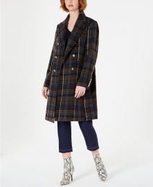 Double-Breasted Plaid Coat with Faux-Fur-Collar at Macys