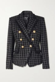 Double-breasted frayed checked metallic tweed blazer at Net a Porter