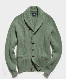 Drakes Shawl Collar Ribbed Cardigan in Light Olive - at Todd Snyder