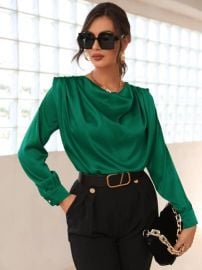 Draped Collar Shoulder Pads Satin Blouse   USA at Shein