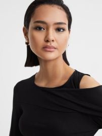 Draped Shoulder Top in Black REISS USA at Reiss