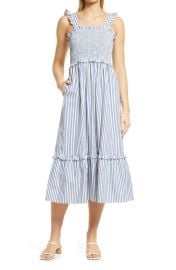 Draper James Smocked Stripe Sleeveless Poplin Midi Dress in Blue Multi Size X-Small at Nordstrom