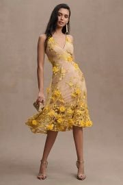 Dress the Population Audrey Embroidered Fit Flare Dress in Canary at Anthropologie