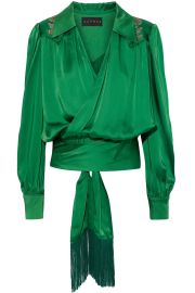 Dundas Fringe trimmed appliqu d satin wrap blouse at The Outnet