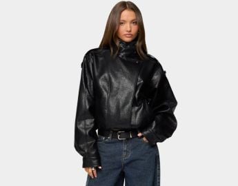 EDIKTED Jaicee High Neck Oversized Faux Leather Jacket - BLACK at Tillys