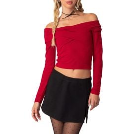 EDIKTED Off the Shoulder Long Sleeve Crop Top at Nordstrom