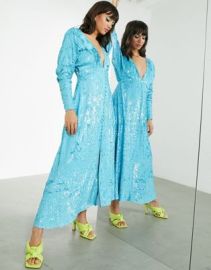 EDITION button through midi tea dress in sequin at ASOS