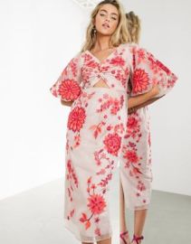 EDITION embroidered organza midi dress with puff sleeves at ASOS