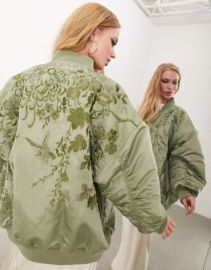 EDITION embroidered oversized bomber jacket in sage green at ASOS