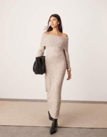 EDITION knitted bardot midaxi dress in mushroom at ASOS
