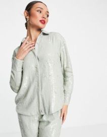 EDITION sequin shirt in sage green at ASOS