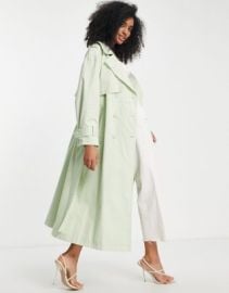 EDITION trench coat with tie in sage green at ASOS