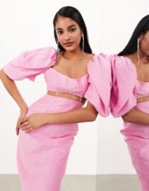 EDITION washed puff sleeve midaxi dress with cut out waist detail in pink at ASOS