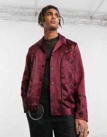 EDITION western revere harrington jacket in burgundy satin with embroidery at ASOS