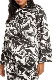 ELOQUII Print Flare Sleeve Tie Neck Blouse at Nordstrom