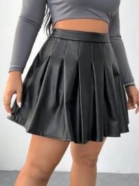 EZwear Plus High Waist PU Leather Pleated Skirt USA at Shein