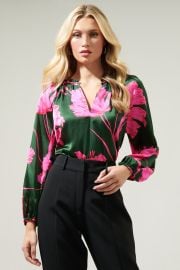 Eartha Floral Jovie Split Neck Satin Raglan Blouse Sugarlips at Sugar Lips