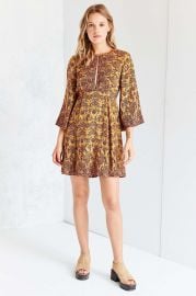 Ecote Tyler Split-Neck Bell-Sleeve Mini Dress at Urban Outfitters