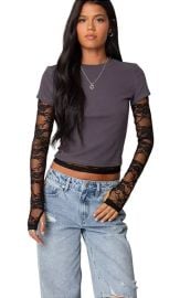 Edikted Womens Layered Lace Sleeve T Shirt - Macys at Macys