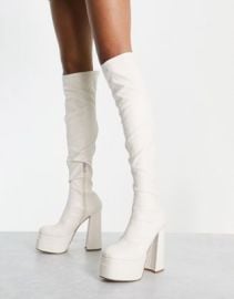 Ego Best Nights platform over the knee boots in cream PU at ASOS