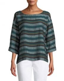 Eileen Fisher Cross-Dyed Linen Striped Box Tee  Plus Size at Neiman Marcus