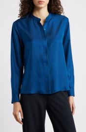 Eileen Fisher Mandarin Collar Silk Button-Up Shirt at Nordstrom